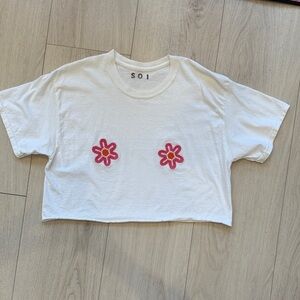White Cropped T-Shirt with Pink Flower Embroidery